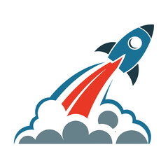 Blue Rocket Launching Red Flame Gray Smoke Cloud Startup Icon