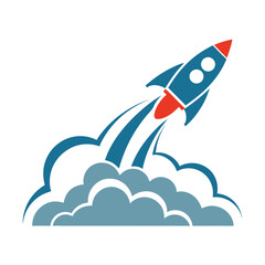 Blue Rocket Launching Red Flame Teal Smoke Cloud Startup Icon 1