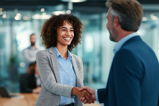 Smiling business professionals shaking hands after successful deal in a modern light-filled meeting room.