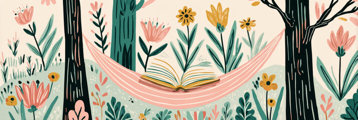 A serene spot with a hammock strung between two trees invites relaxation among vibrant flowers and lush greenery, perfect for reading a favorite book in nature embrace, banner