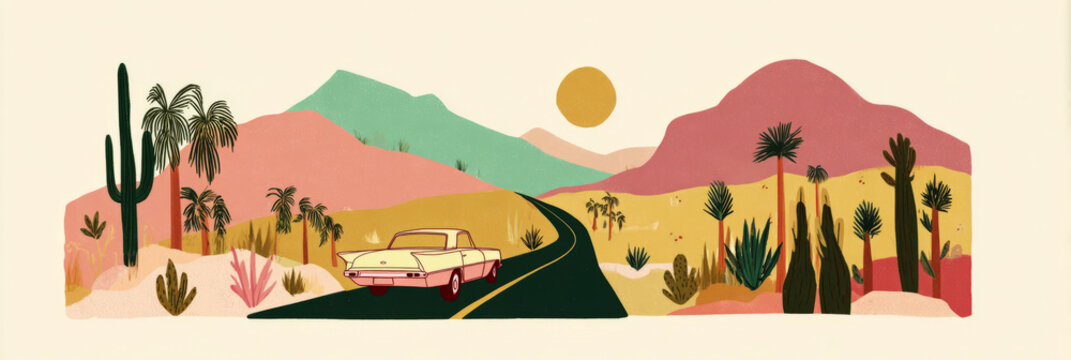 A classic car cruises along a winding desert road surrounded by colorful mountains and a warm sunset. The landscape features various desert plants and vibrant hues of pink and orange, banner