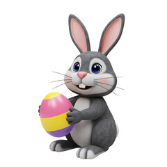 Obraz premium A Charming Grey Easter Bunny Gently Holding a PastelColored Egg A Festive Springtime Illustration isolated on transparent bacckground