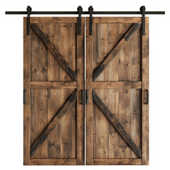 Rustic wooden sliding barn doors with vintage hardware [Transparent Background PNG].