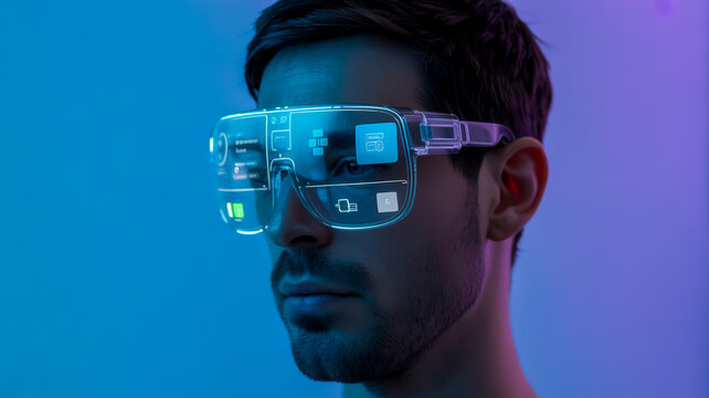 Man wearing augmented reality glasses AR VR headset meta-verse technology futuristic digital interface 