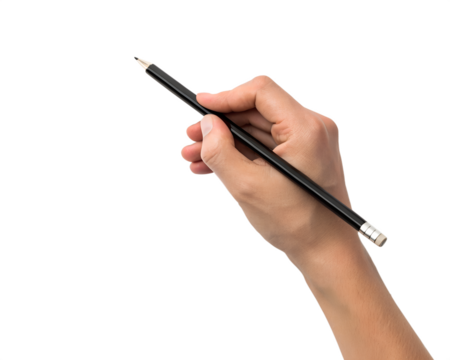 Hand holding a black pencil isolated on transparent background