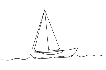sailboat continuous one line drawing and outline vector illustration.