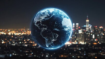 Earth globe over cityscape at night global connection technology background - Powered by Adobe