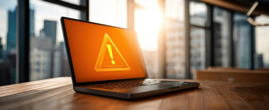 The laptop displaying a caution warning in a modern office setting.