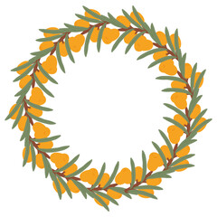 Hand-Drawn Sea Buckthorn Wreath with Orange Berries and Green Leaves in a Botanical Decorative Design