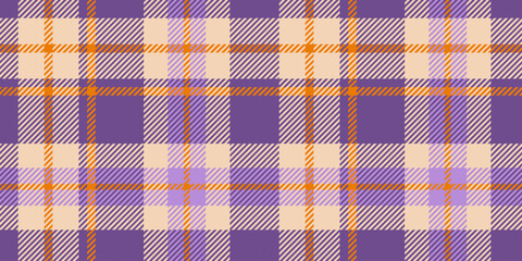 A seamless tartan plaid pattern featuring bold purple and orange hues with beige accents. Designed with a traditional woven texture