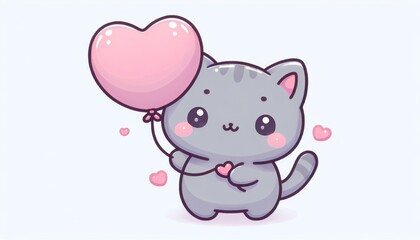 Obraz premium Adorable Grey Kitten Holding Pink Heart Balloon