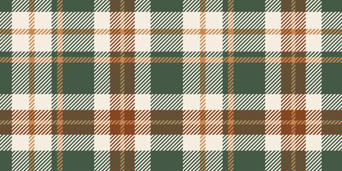 A seamless tartan plaid pattern in green, white, and brown tones. Ideal for textile design, fashion, home decor, and creative projects with a rustic and classic appeal.