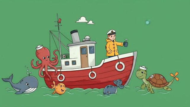 Childlike captain and sea creatures illustration