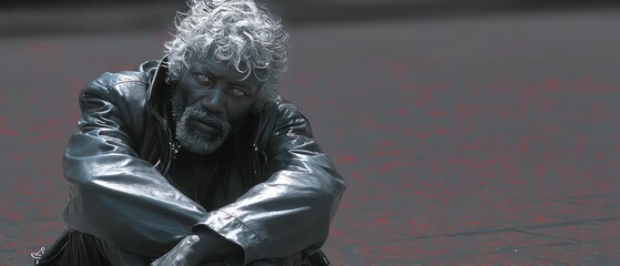 A grayscale image of a seated elderly person