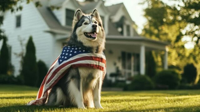 A fluffy Alaskan Malamute sits proudly wrapped in an American flag in front of a welcoming home, celebrating flag day.