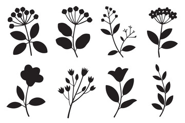 Black floral silhouette vector elements with decorative leaves and flowers
