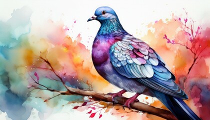 Fototapeta premium watercolor colorful pigeon on branch