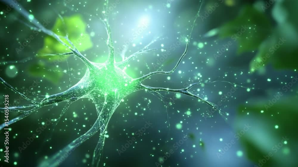 Poster green neuron network: glowing green neuron cells form a complex network, symbolizing the intersectio