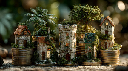 Fototapeta premium Miniature houses on coins representing financial growth.