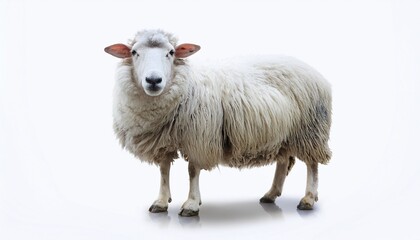 full body view of fluffy white sheep standing on white background livestock animal wool production and traditional rural farming concept