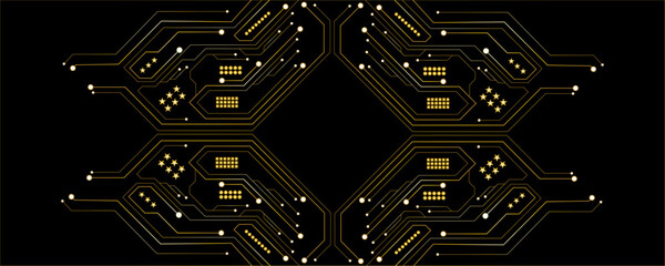 A modern abstract design featuring gold lines and dots representing network science and technology on a high-tech dark background. Ideal for templates, web design, and presentations