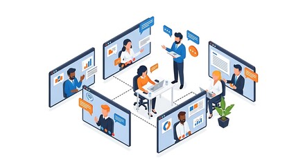 Diverse Team Engaged in Virtual Meeting Through Multiple Screens