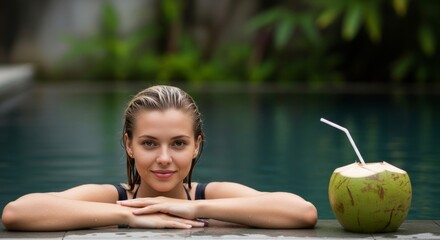 Medium shot of a beautiful woman relaxing in a swimming pool, highlighting leisure, vacation, and tropical vibes. Features a refreshing coconut drink.