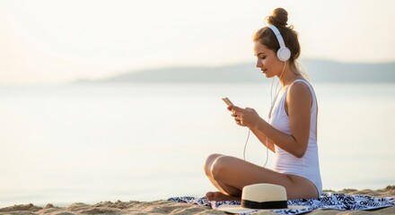 A peaceful young woman with a high bun sits on a sandy beach, enjoying music through headphones. Perfect for themes of relaxation, summer, and personal escape.