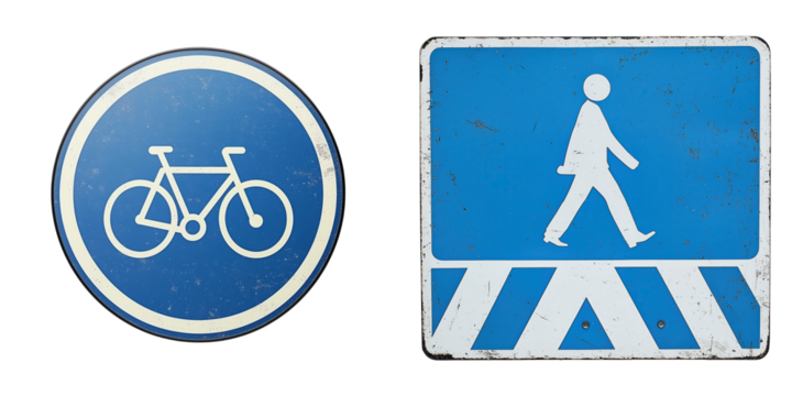 Bicyclist and pedestrian signs urban setting digital image outdoor