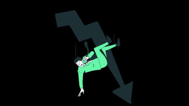man going bankrupt, downward arrow money dropping on alpha channel