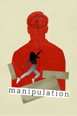 Zine banner vertical pop photo collage of anonym girl hand rope manipulation human brainwash...