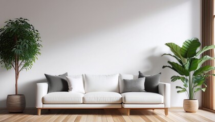 interior of modern living room with white walls wooden floor comfortable white sofa and plant in pots