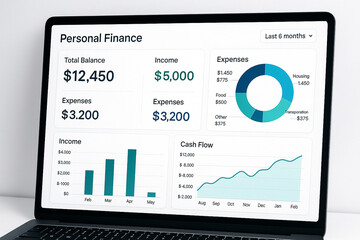 Laptop Screen Displays Personal Finance Dashboard Teal Blue Graphs Charts Income Expenses Cashflow Data Analysis