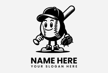 A smiling baseball character, wearing a cap and holding a bat and glove, ready to play.