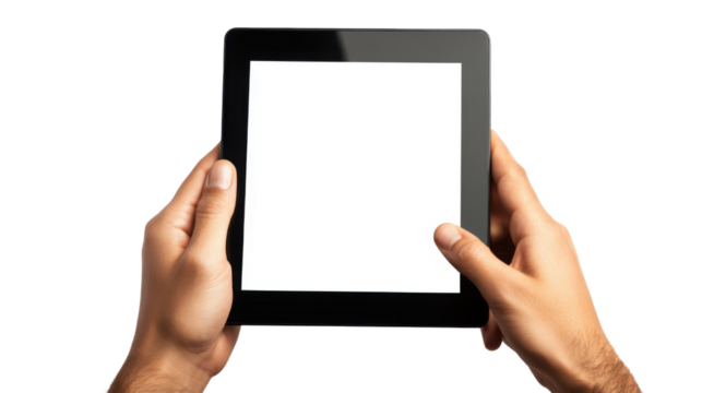 Hands using black tablet on white background 