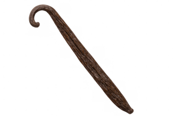Vanilla pod close-up, revealing intricate surface details and deep brown hue against transparent backdrop