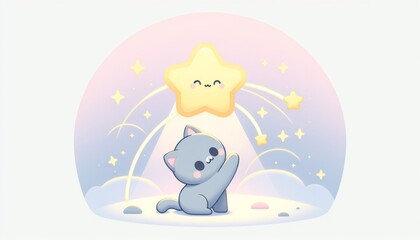 Fototapeta premium Cute Grey Kitten Reaching for a Sparkling Yellow Star in a Pastel Dreamy Nightscape