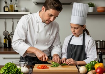 Chef teaching young apprentice to chop vegetables in professional kitchen setting