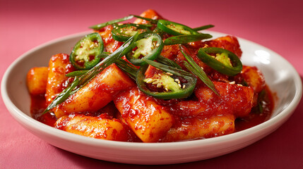 spicy Korean tteokbokki, chewy rice cakes coated in rich vibrant red gochujang sauce, served on a white modern ceramic plate fully visible in the frame