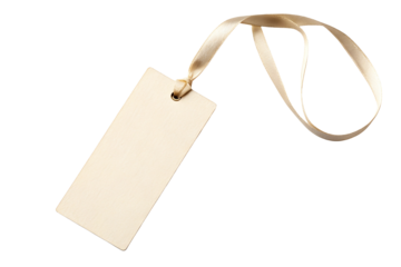 Off-White paper gift tag with silk ribbon band isolated on white or transparent background