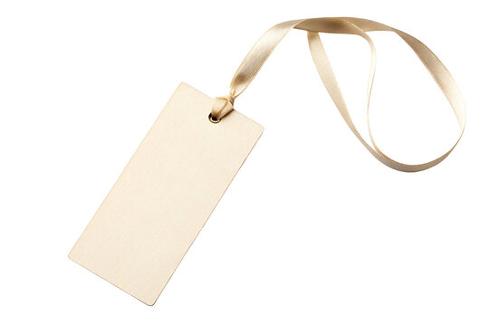 Off-White paper gift tag with silk ribbon band isolated on white or transparent background