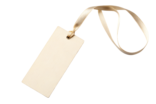 Off-White paper gift tag with silk ribbon band isolated on white or transparent  background