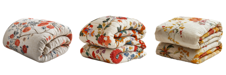 Colorful floral quilts stacked in a cozy home environment