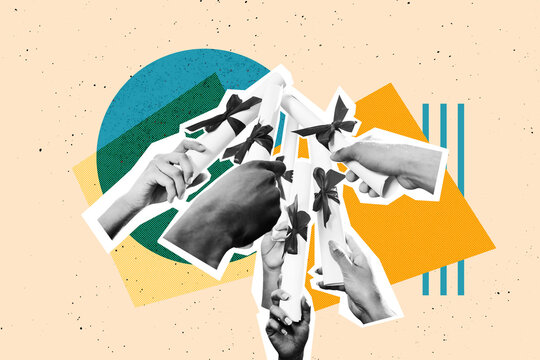 Full trendy sketch image photo collage of students hands crowd hold diploma paper roll university graduation concept learner
