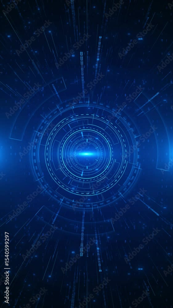 Poster flying through digital data tunnel, digital nodes data tunnel with swirling light abstract swirling 