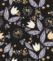 vector floral seamless pattern with blue tulips, vector floral seamless pattern with abstract herbs and berries