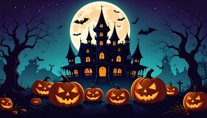 Halloween Castle with Pumpkins, and Full Moon.