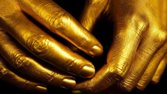 Golden Hands Close-up: Artistic Macro of Painted Fingers & Skin, Symbolizing Luxury, Wealth & Midas Touch. Conceptual Body Art Animation. 4K.