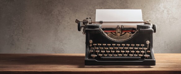 The vintage typewriter on a wooden desk with blank paper ready for creativity.