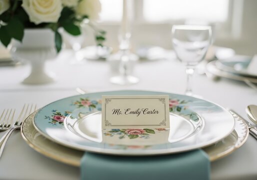 Elegant wedding table setting with floral China plate and name card